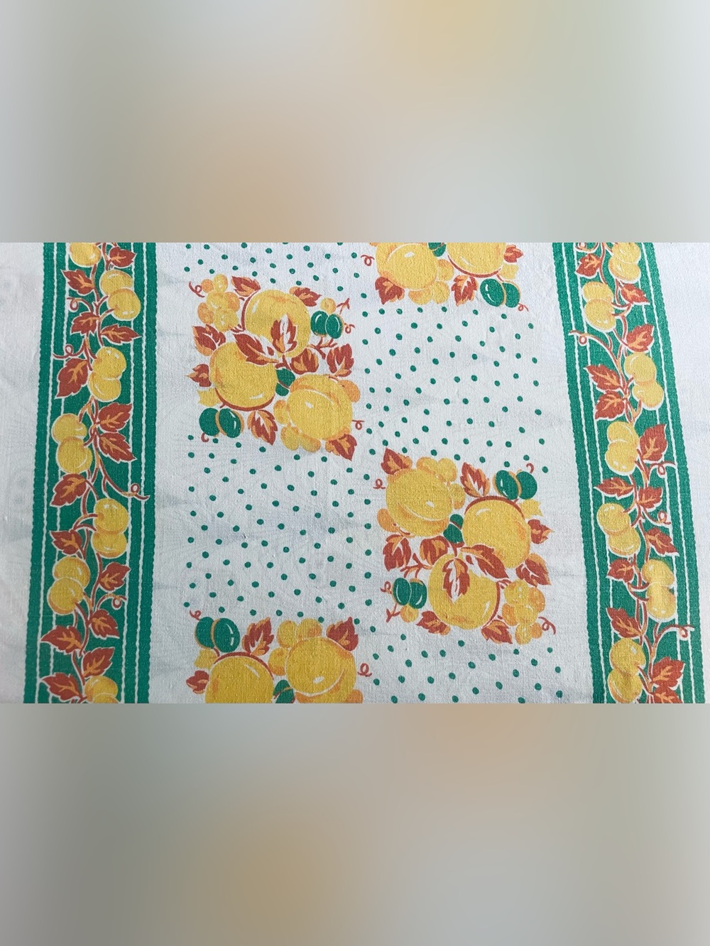 1940’s Feedsack Tablecloth Green Yellow Peaches Cotton Homemade 53x100